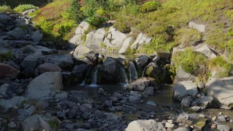Mountain Stream Flowing Among Rocks and Green Slopes in Sunny Day 스톡 동영상 318940892