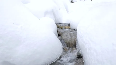 A mountain stream flowing beneath the white frozen snow Stock Footage 218978894