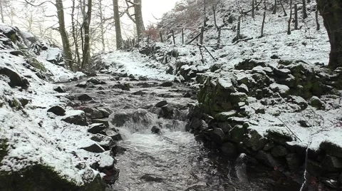 Mountain stream flowing over rocks in winter landscape Stock Footage 45147212