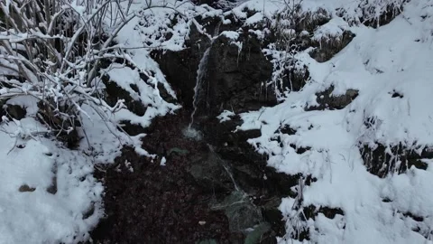 A mountain stream flowing over rocks amidst a snow-covered forest. Stock Footage 312871632