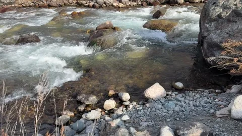 Mountain stream flowing over rocks outdoors, natural water movement in rocky Stock Footage 336960194