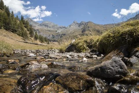 Mountain stream flowing through alpine valley landscape Stock Photos