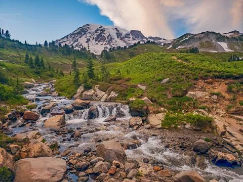 Mountain stream flowing through green valley with snow-capped peak in background Stockfoto's