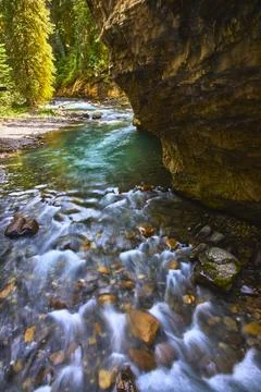 Mountain Stream Flowing Through Johnston Canyon Forest and Rocky Cliff 写真素材