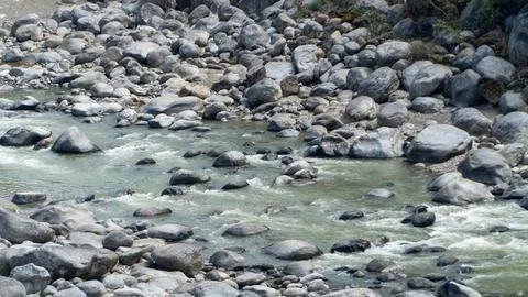 Mountain Stream Flowing Through Rocky Riverbed in Natural Landscape Stock Photos