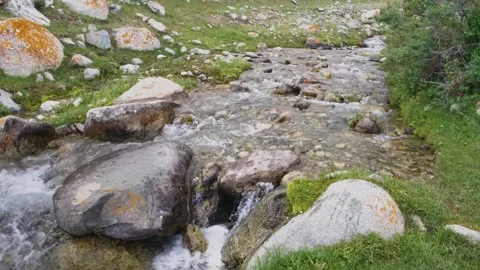 Mountain Stream Flowing Through Rugged Terrain – Tributary in Kyrgyz Highlands Stock Footage 306607730