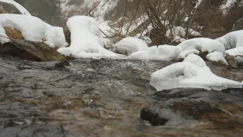 Mountain stream flowing through snowy icy landscape Vidéo 331796080