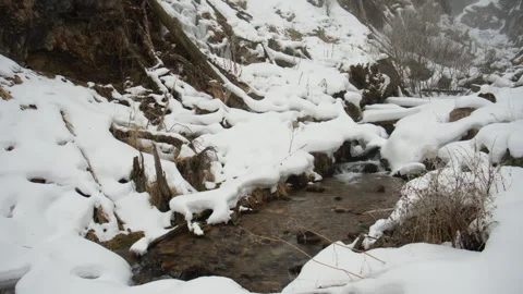 Mountain stream flowing through snowy winter forest Stock Footage 331797023