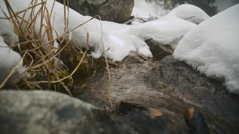 Mountain stream flowing through snowy rocks Vidéo 331797823