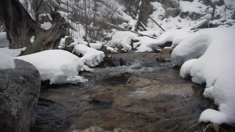 Mountain stream flowing through snowy winter landscape Видео 331798700