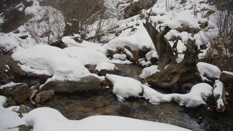 Mountain stream flowing through snowy winter landscape Stock Footage 331799432