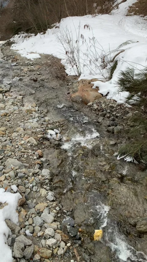 Mountain stream flowing in wintera Video stock 236311498