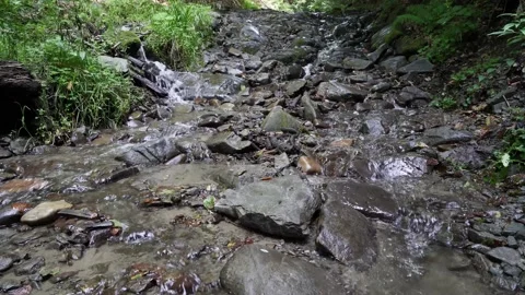 A mountain stream flows into the bottom of the stone coolness 4 k Stock Footage 138869066