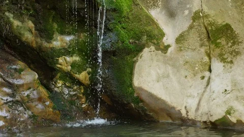 A mountain stream flows into a stone bowl. Stock Footage 90733974