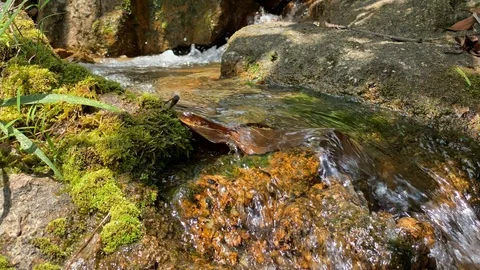 A mountain stream flows through large stones, foam from the flow of water Stock Footage 126286427