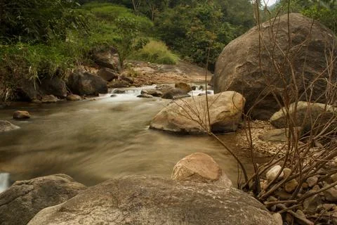 Mountain stream in the forest, long exposure picture Stock Photos