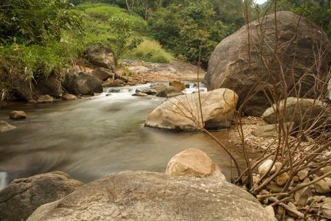 Mountain stream in the forest, long exposure picture Stock Photos