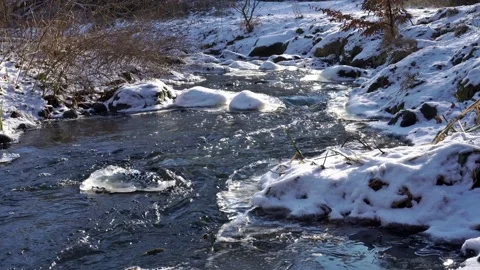 Mountain Stream with Ice and Snow Stock Footage 148770802