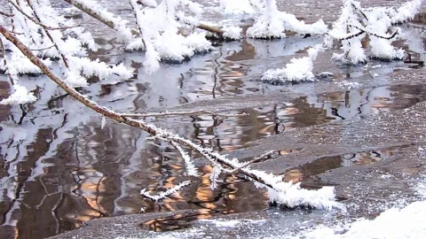 Mountain stream, river - ice pattern on the surface of the water, snow Stock Footage 164618312