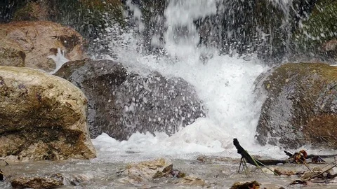 Mountain stream with rocks and waterfall Stock Footage 98235253