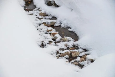 Mountain stream running covered by snow in winter with some stones in water Stock Photos