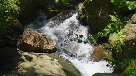 Mountain stream splashing over rocks in a green forest Stockbeeldmateriaal 346775952