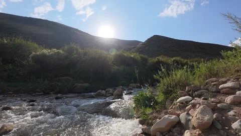 Mountain stream with sun flare, Issyk-Kul Region, Kyrgyzstan Video stock 347242645