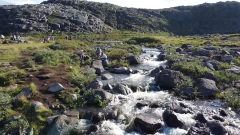 Mountain stream in teriberka on the background of a hill Stock Footage 183950269