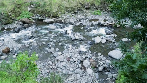 Mountain stream water flowing over river rocks Stockbeeldmateriaal 333696060