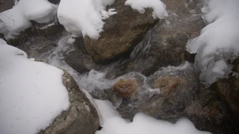 Mountain stream water flowing through snowy rocks Видео 331800721