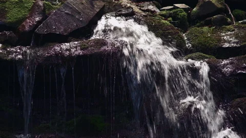 Mountain stream waterfall close up. Crystal clear water falling from rocks. 4K Stock Footage 161620825