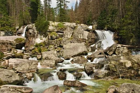 A mountain stream with a waterfall surrounded by forests Stock Photos