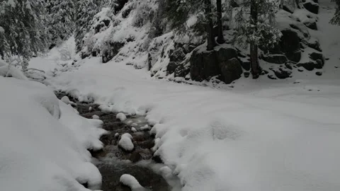 Mountain stream in winter, ice crust on water, river in winter, water Stock Footage 242864221