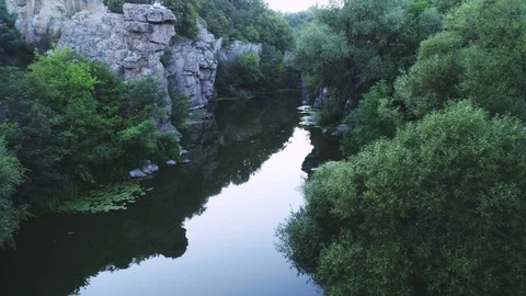 Mountain streamlet running between high split rocks in the Carpathians in summer Stock Footage 99737888