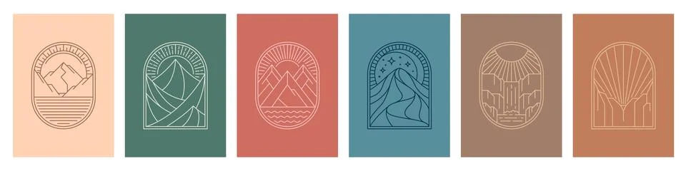 Mountain, sun and moon boho icons and tattoos Stock Illustration