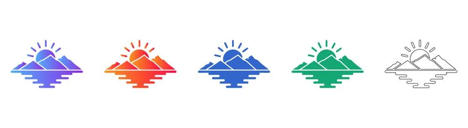 Mountain Sunset Landscape Vector Icon Set Stock Illustration