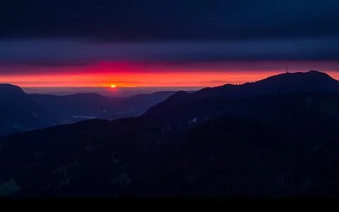 Mountain Sunset Panorama with Dramatic Sky and Silhouettes Stock Photos