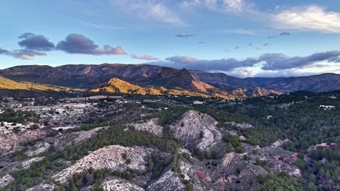 Mountain Sunset Scene. Panoramic Aerial Mountain Landscape. Golden Hour Over Stock Footage 342405288