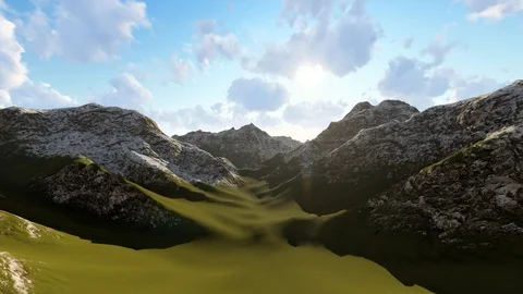 Mountain With Sunshine, Sky With Clouds, 3D Rendering, 4K Stock Footage 120395893