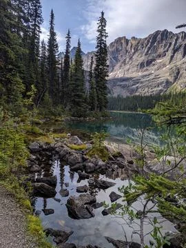 A mountain with surrounded by a coniferous forest reflect off a calm lake Stock Photos
