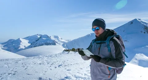 Mountain Technology Snow Winter Nature Man Sky Male Travel Jacket Camera Stock Footage 49752781
