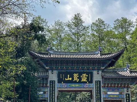 Mountain Temple Gate beneath Bamboo Canopy Foto stock
