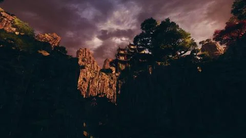 Mountain temple surrounded by dramatic clouds during twilight in Asia Stock Illustration