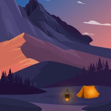 Mountain with Tent in evening time concept vector illustration Design Stock Illustration