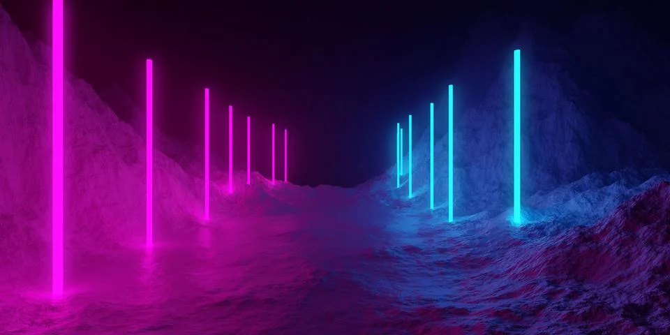 Mountain terrain landscape with array of pink and blue neon light glowing lin 스톡 일러스트