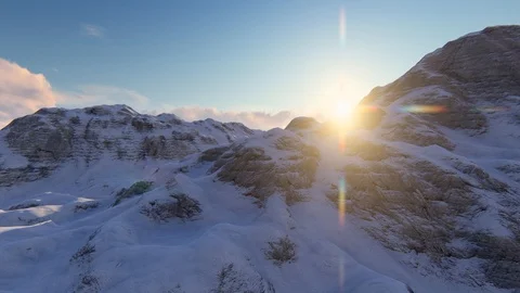Mountain Top View in Winter With Snow at Sunset, 4K Animation 3D Rendering Stock Footage 122249350
