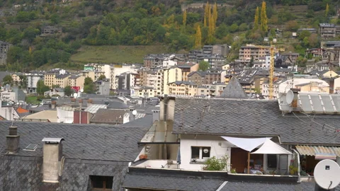 Mountain town rooftops top view point walking slow motion 4k andorra Stock Footage 273948392