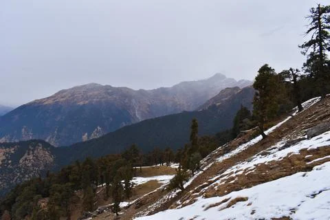 Mountain trail path with snow in winter at Tungnath trek Uttarakhand India Fotos de archivo