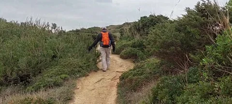 Mountain trails by the sea in a cloudy day Stock Footage 207082746