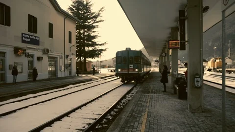Mountain train coming up in the snow Stock Footage 92368249